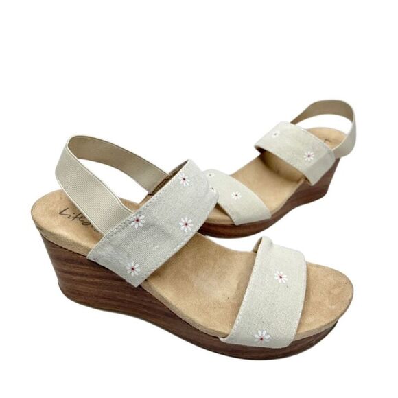 Life Stride Sandals Size 8.5 Gray Floral Elastic Slingback Open Toe Wedges - Picture 3 of 9